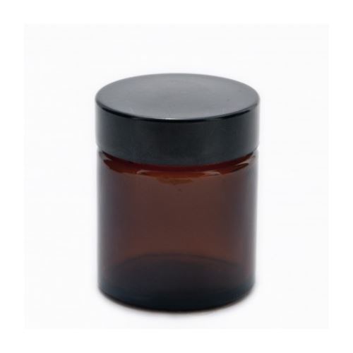 Glass container for brown cream with a black lid, 60 ml