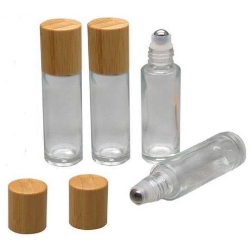 Glass roll-on with metal ball and bamboo lid, clear, 10 ml