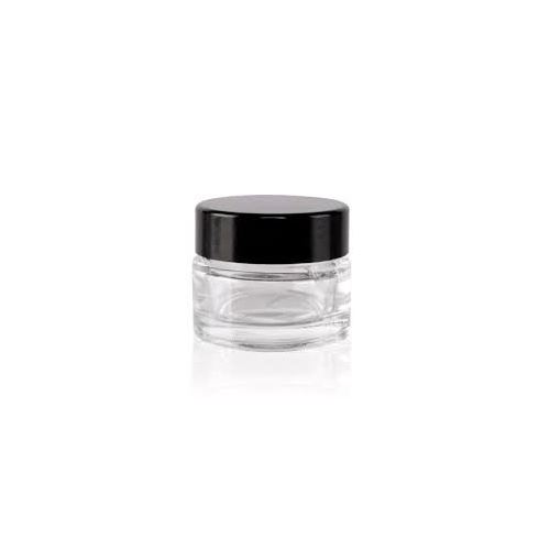 Clear glass container with a black lid, 5 ml