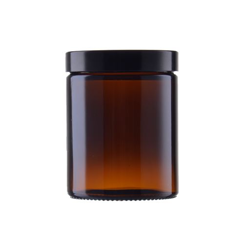 Glass container for brown cream with a black lid, 180 ml