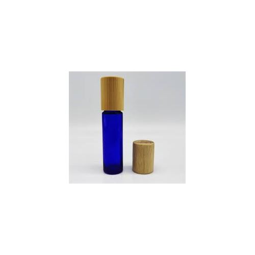 Glass roll-on with metal ball and bamboo cap, blue, 10 ml