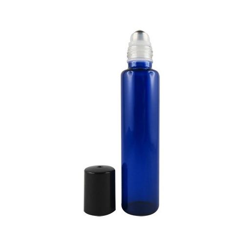 Blue glass roll-on with black lid, 30 ml