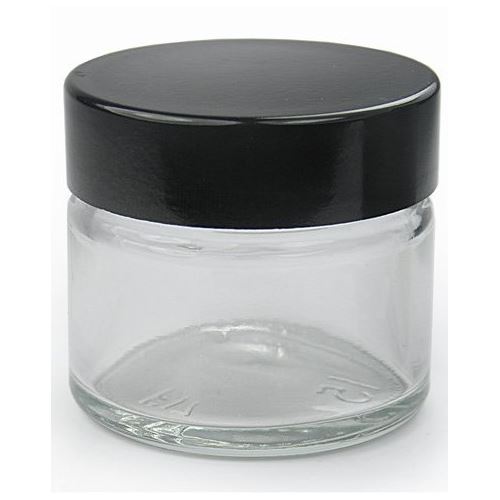 Clear glass container for the cream with a black lid, 15 ml