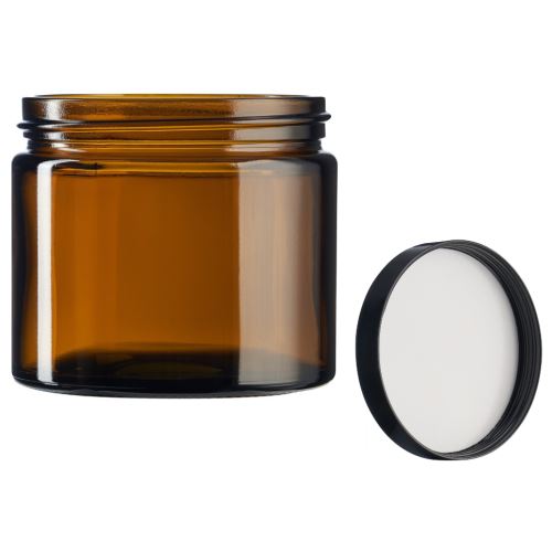 Glass container with black lid, cap 83/R3, brown, 250 ml