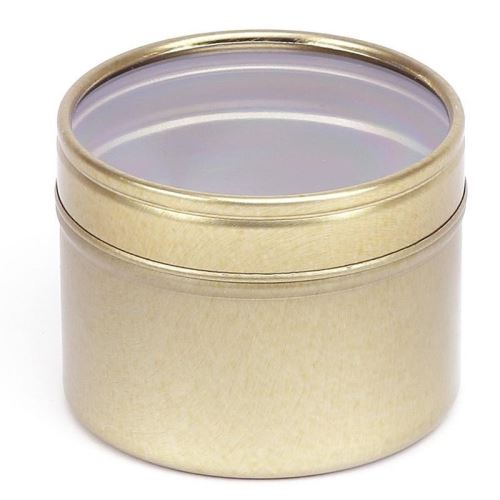 Round golden tin can with transparent lid, 100 ml