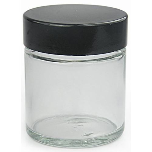 Clear glass container for the cream with a black lid, 30 ml